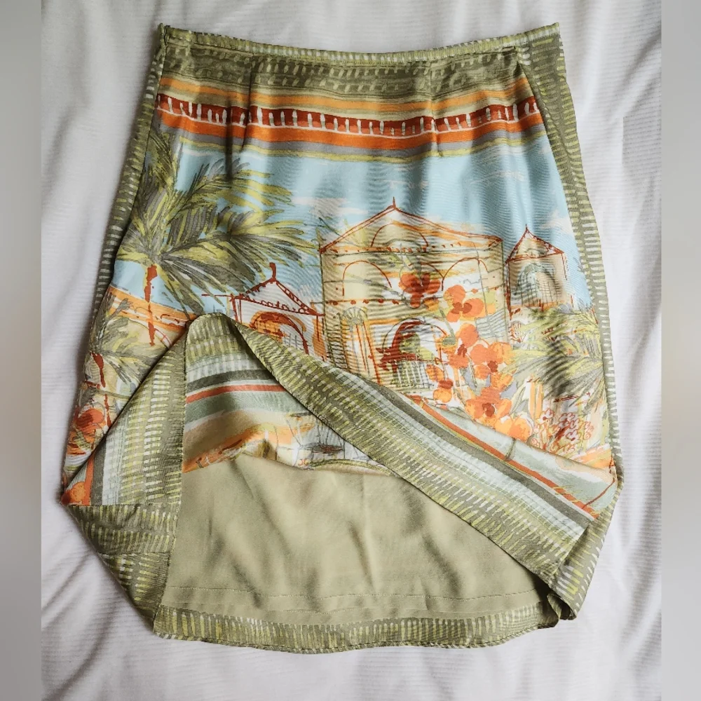 Sigrid Olsen 100% Silk Skirt Artsy Outdoor Cafe Print Sz 4 Nwot. SKIRT ONLY